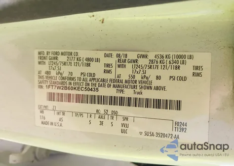 2019 Ford F-250 Xl from USA, damaged, VIN 1FT7W2B60KEC50435